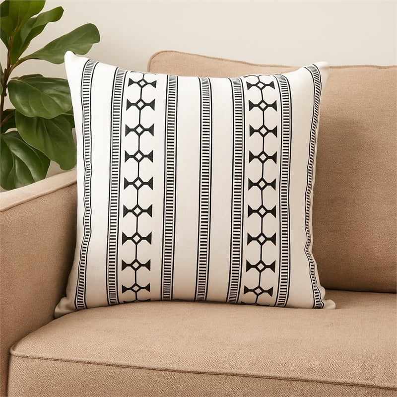 Benjara Jim Euro Sham with Black and White Clipped Jacquard Stripe- 26 x 26