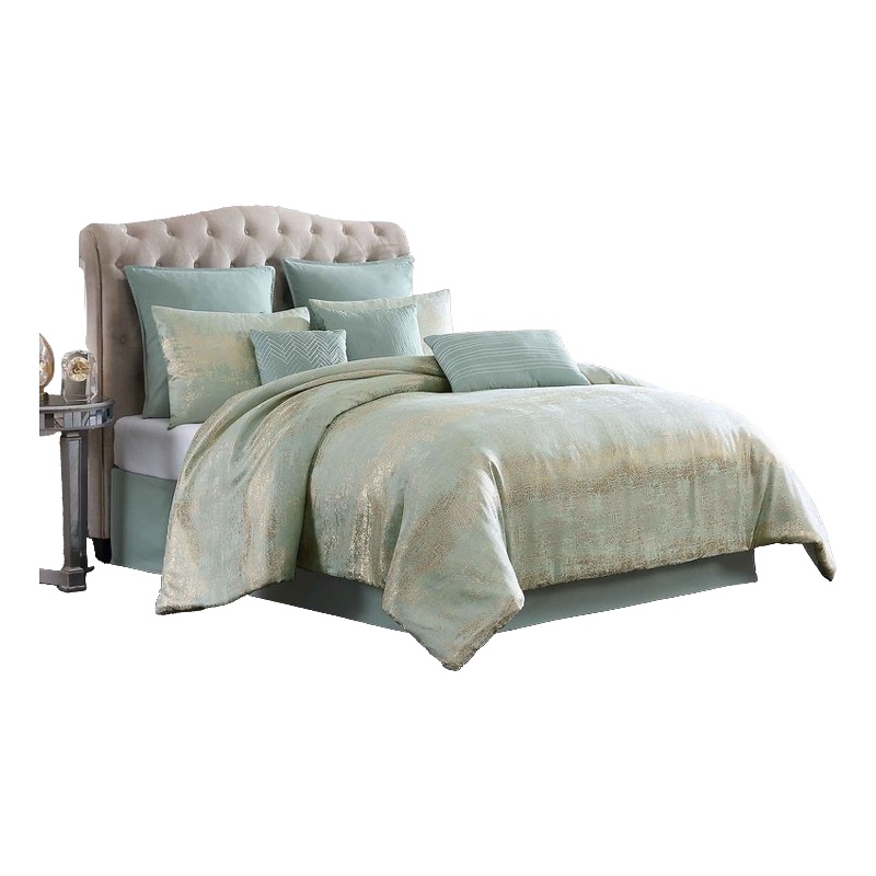 Benjara Teesa 10pc King Comforter Set- Shams- Blue and Gold Woven Jacquard