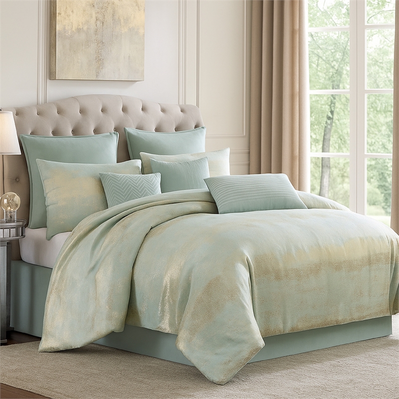 Benjara Teesa 9pc Queen Comforter Set- Shams- Blue and Gold Woven Jacquard