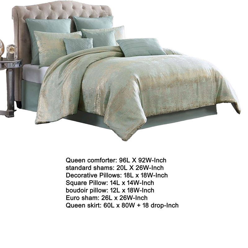 Benjara Teesa 9pc Queen Comforter Set- Shams- Blue and Gold Woven Jacquard