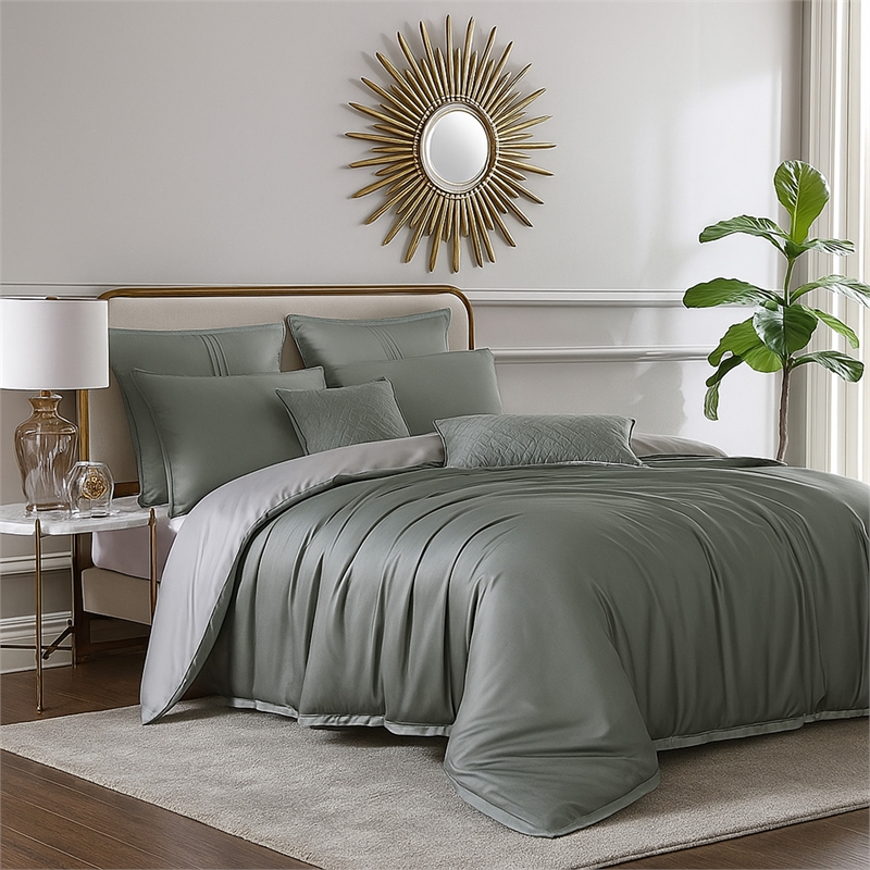 Benjara Keo 9pc King Comforter Set- Reversible- Soft Sage Gray Silky Fabric