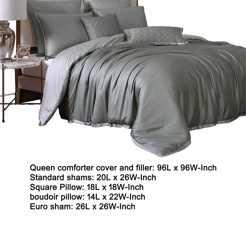 Benjara Keo 9pc King Comforter Set- Reversible- Soft Sage Gray Silky Fabric