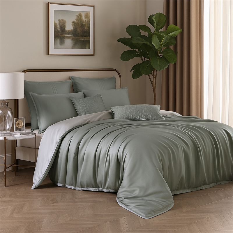 Benjara Keo 8pc Queen Comforter Set- Reversible- Shams- Sage Gray Silky Fabric