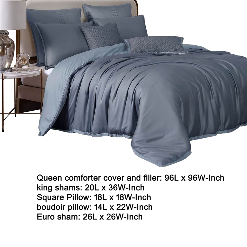 Benjara Keo 8pc Queen Comforter Set- Reversible- Shams Smoke Blue Silky Fabric