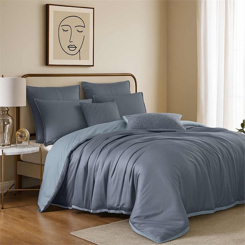 Benjara Keo 8pc Queen Comforter Set- Reversible- Shams Smoke Blue Silky Fabric