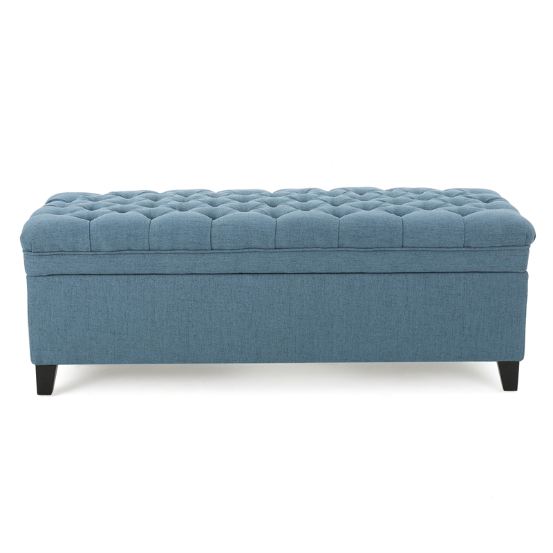 Benjara Rhya Storage Ottoman Bench- Soft Blue Fabric- Black Wood- 50 Inch