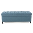 Benjara Rhya Storage Ottoman Bench- Soft Blue Fabric- Black Wood- 50 Inch