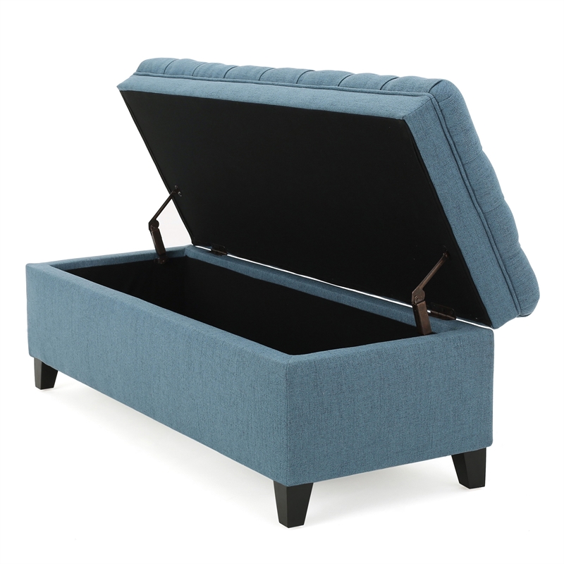 Benjara Rhya Storage Ottoman Bench- Soft Blue Fabric- Black Wood- 50 Inch