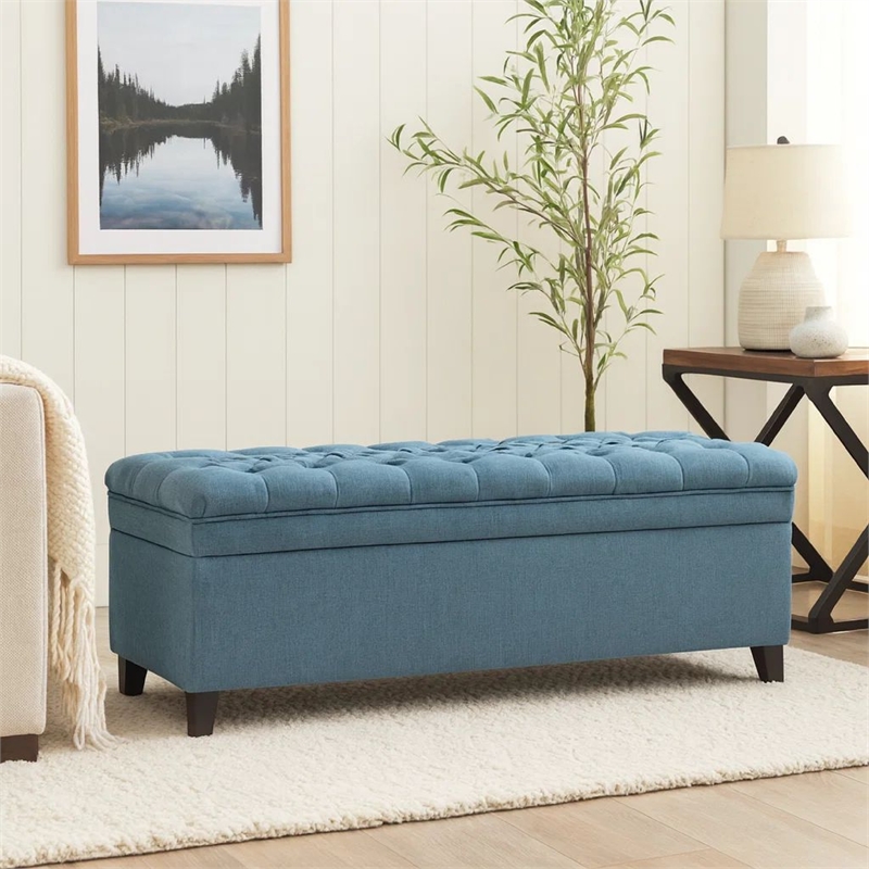Benjara Rhya Storage Ottoman Bench- Soft Blue Fabric- Black Wood- 50 Inch