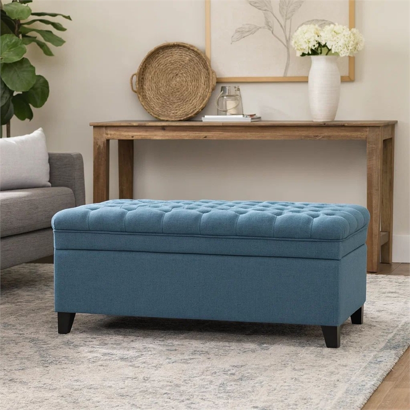 Benjara Rhya Storage Ottoman Bench- Soft Blue Fabric- Black Wood- 50 Inch