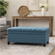 Benjara Rhya Storage Ottoman Bench- Soft Blue Fabric- Black Wood- 50 Inch
