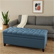 Benjara Rhya Storage Ottoman Bench- Soft Blue Fabric- Black Wood- 50 Inch