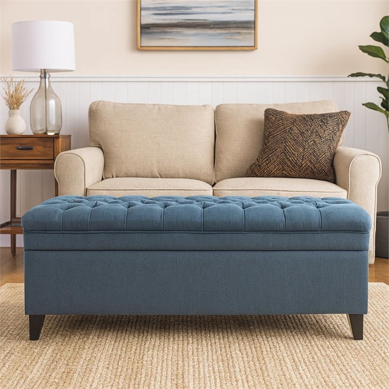 Benjara Rhya Storage Ottoman Bench- Soft Blue Fabric- Black Wood- 50 Inch