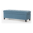 Benjara Rhya Storage Ottoman Bench- Soft Blue Fabric- Black Wood- 50 Inch