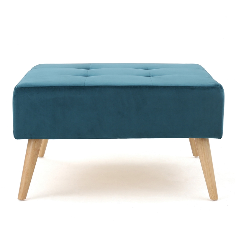 Benjara Ottoman- Tufted Teal Velvet- Brown Tapered Wood Legs- Square 31 Inch