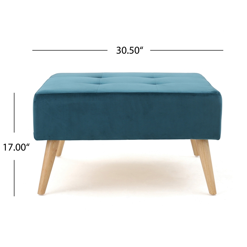 Benjara Ottoman- Tufted Teal Velvet- Brown Tapered Wood Legs- Square 31 Inch