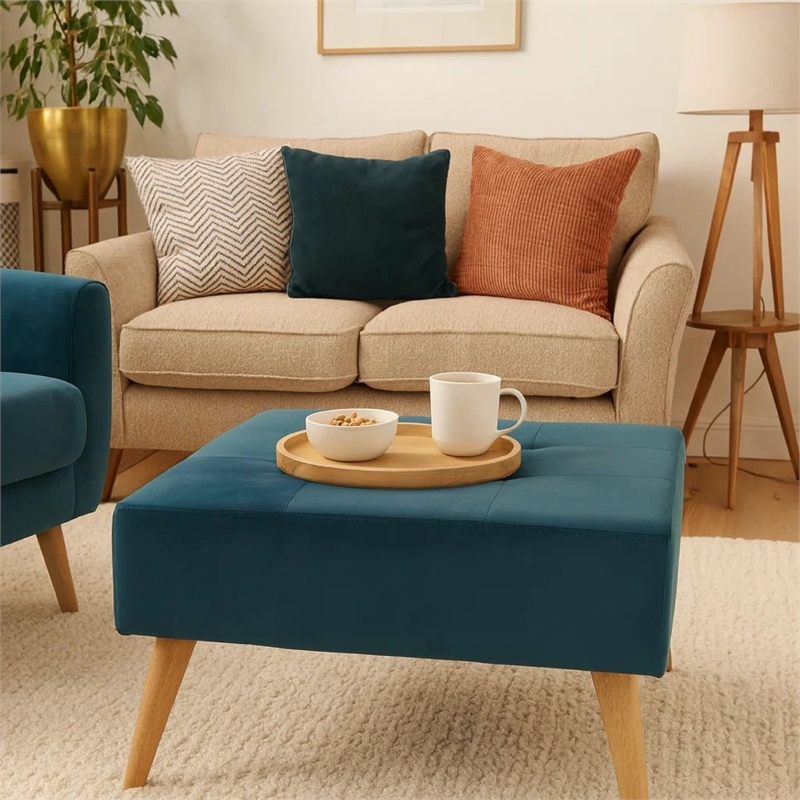 Benjara Ottoman- Tufted Teal Velvet- Brown Tapered Wood Legs- Square 31 Inch