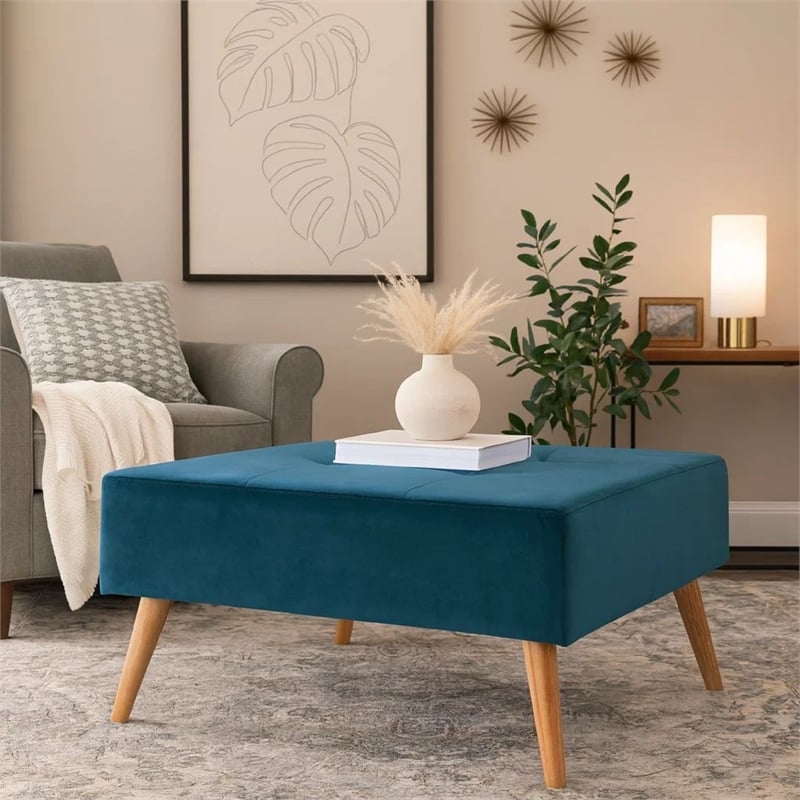 Benjara Ottoman- Tufted Teal Velvet- Brown Tapered Wood Legs- Square 31 Inch