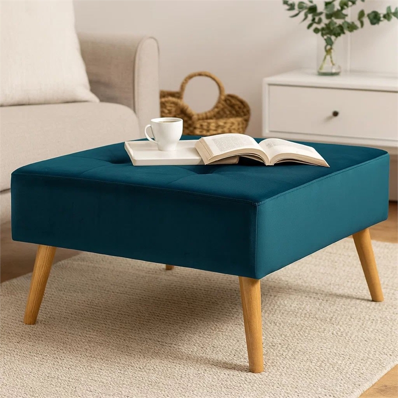 Benjara Ottoman- Tufted Teal Velvet- Brown Tapered Wood Legs- Square 31 Inch
