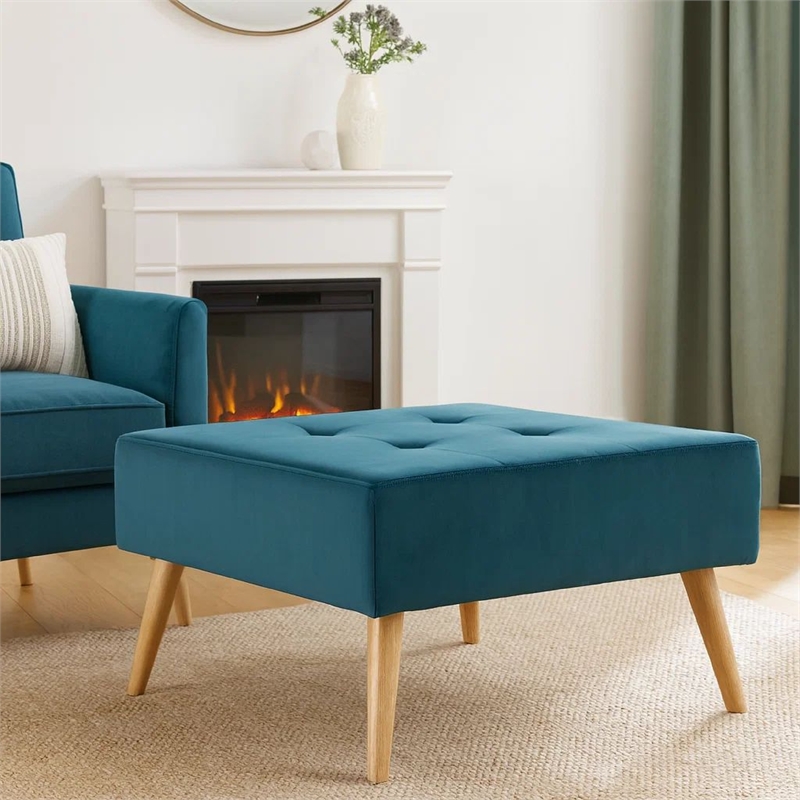 Benjara Ottoman- Tufted Teal Velvet- Brown Tapered Wood Legs- Square 31 Inch