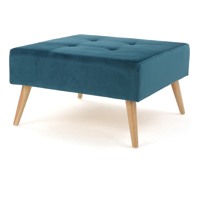 Benjara Ottoman- Tufted Teal Velvet- Brown Tapered Wood Legs- Square 31 Inch