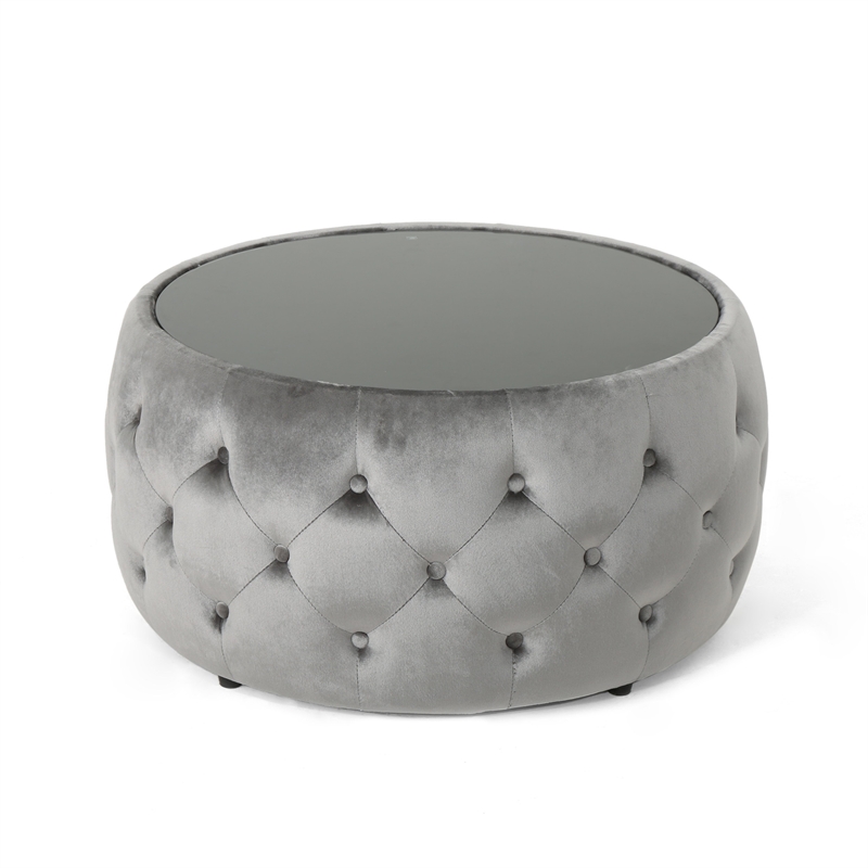 Benjara Pirana Ottoman Coffee Table- Gray Tuft Velvet- 30