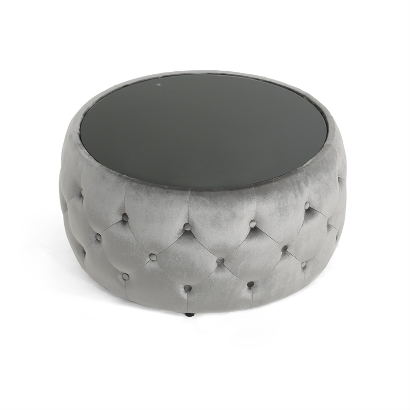 Benjara Pirana Ottoman Coffee Table- Gray Tuft Velvet- 30