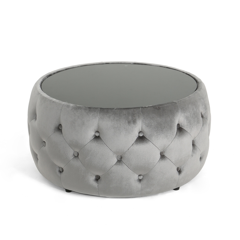 Benjara Pirana Ottoman Coffee Table- Gray Tuft Velvet- 30