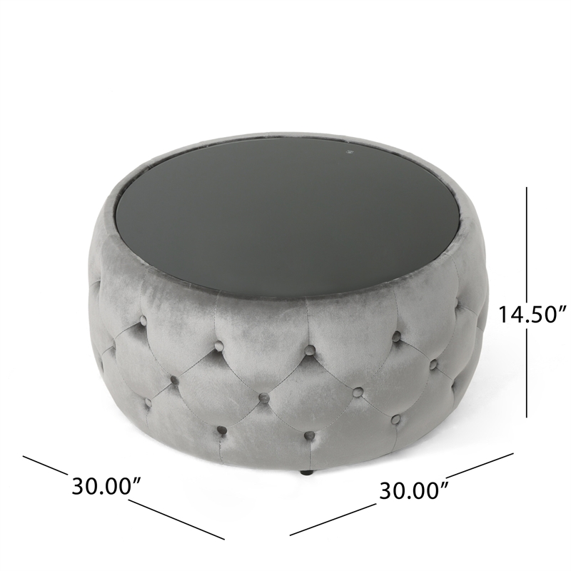 Benjara Pirana Ottoman Coffee Table- Gray Tuft Velvet- 30