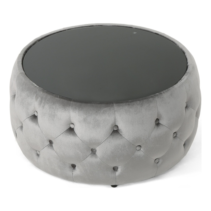 Benjara Pirana Ottoman Coffee Table- Gray Tuft Velvet- 30