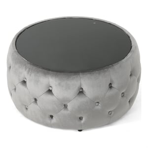 Benjara Pirana Ottoman Coffee Table- Gray Tuft Velvet- 30&quot Tempered Glass