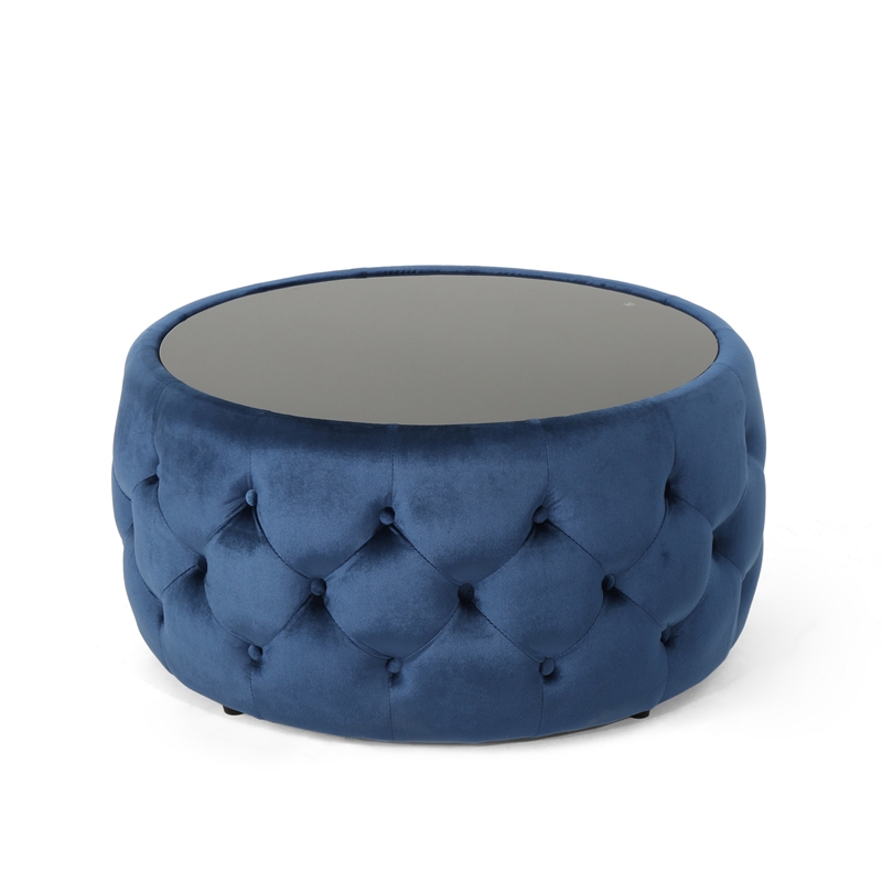 Benjara Pirana Ottoman Coffee Table- Blue Tuft Velvet- 30