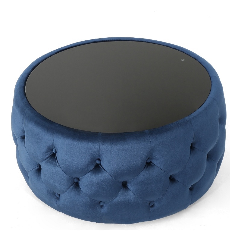 Benjara Pirana Ottoman Coffee Table- Blue Tuft Velvet- 30