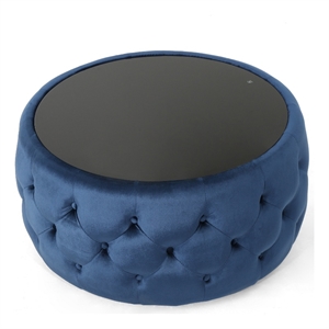 Benjara Pirana Ottoman Coffee Table- Blue Tuft Velvet- 30&quot Tempered Glass
