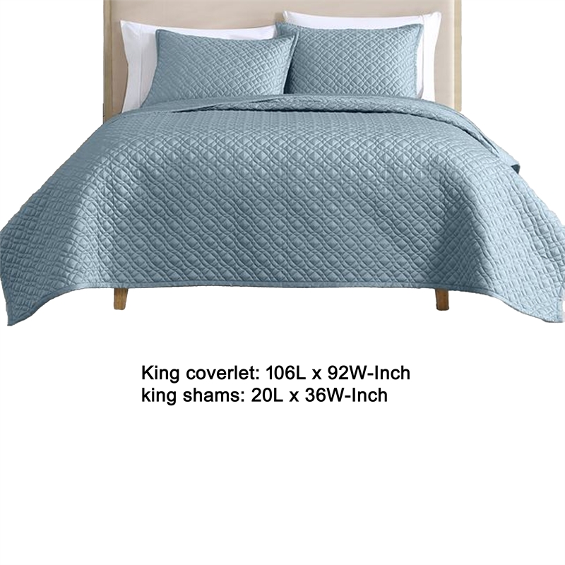 Benjara Keo 3pc King Coverlet Set- Reversible- Shams Sky Blue Silky Fabric