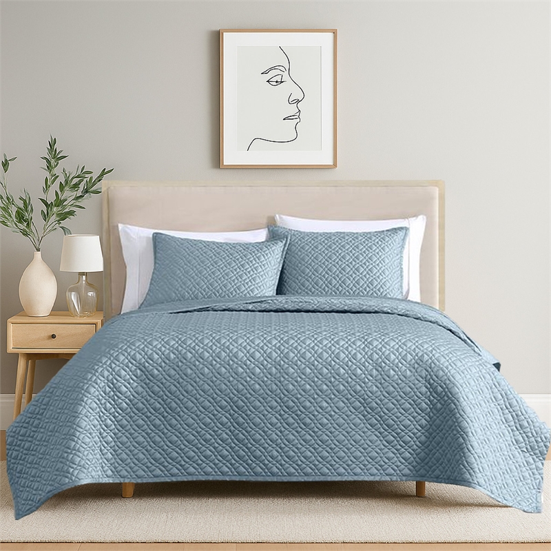 Benjara Keo 3pc King Coverlet Set- Reversible- Shams Sky Blue Silky Fabric