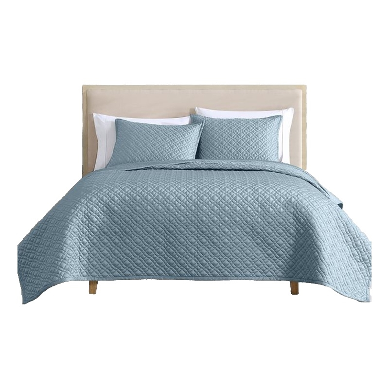 Benjara Keo 3pc King Coverlet Set- Reversible- Shams Sky Blue Silky Fabric