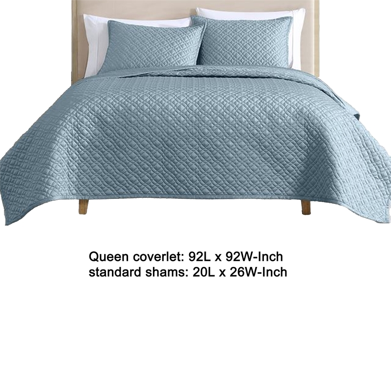 Benjara Keo 3pc Queen Coverlet Set- Reversible- Shams- Sky Blue Silky Fabric