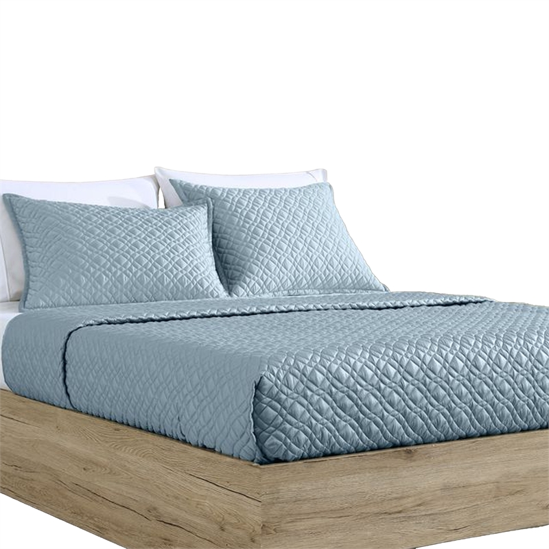 Benjara Keo 3pc Queen Coverlet Set- Reversible- Shams- Sky Blue Silky Fabric