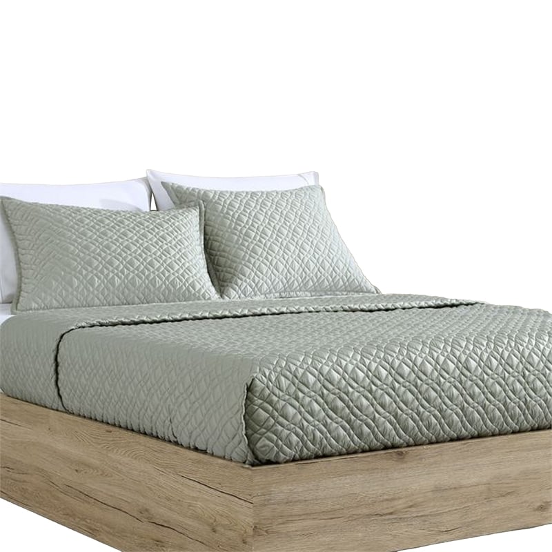 Benjara Keo 3pc King Coverlet Set- Reversible- Shams- Sage Gray Silky Fabric