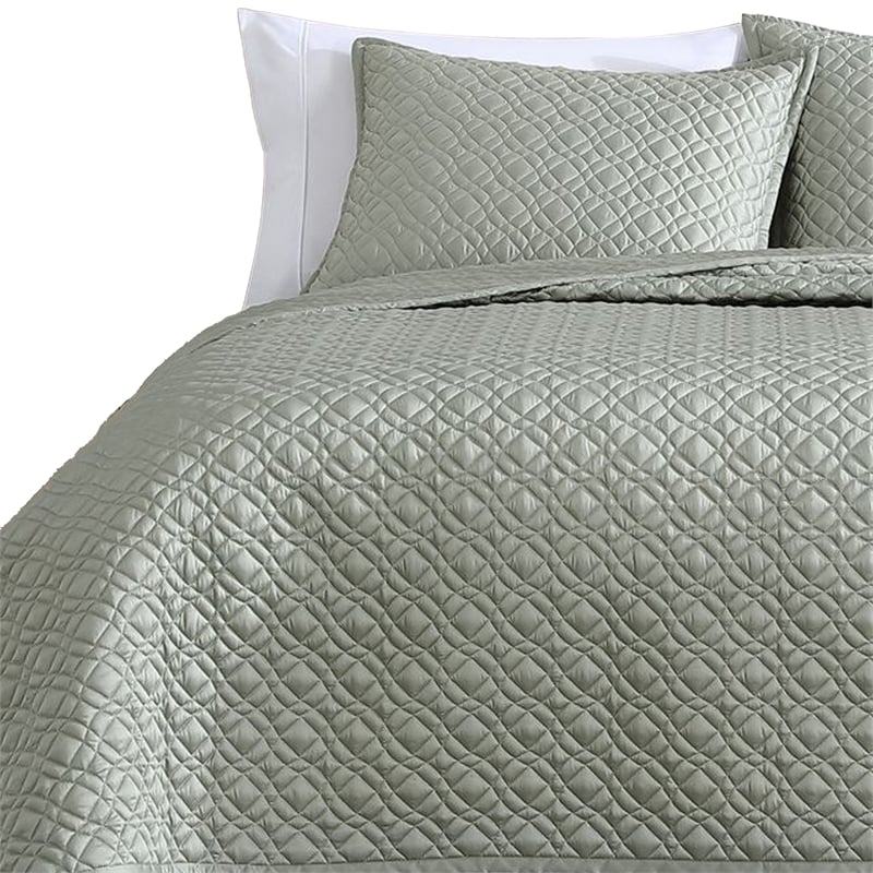Benjara Keo 3pc King Coverlet Set- Reversible- Shams- Sage Gray Silky Fabric