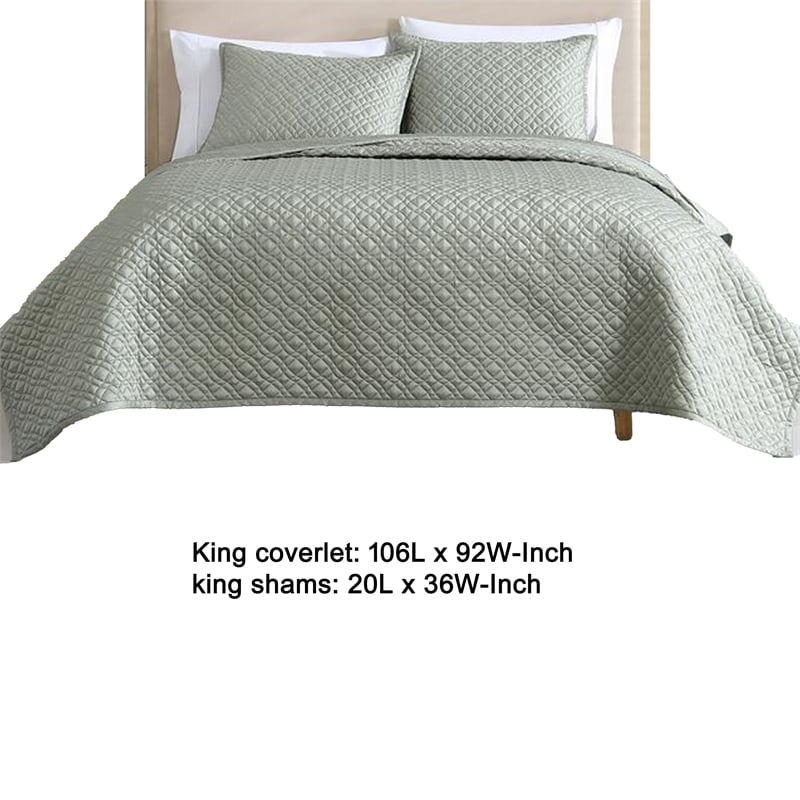 Benjara Keo 3pc King Coverlet Set- Reversible- Shams- Sage Gray Silky Fabric