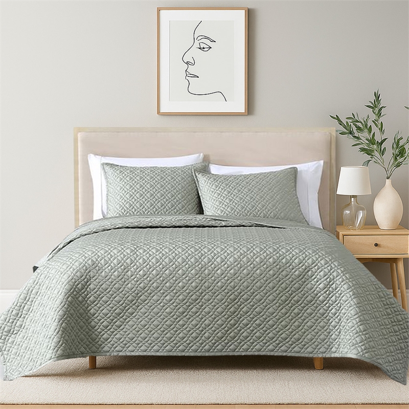 Benjara Keo 3pc King Coverlet Set- Reversible- Shams- Sage Gray Silky Fabric