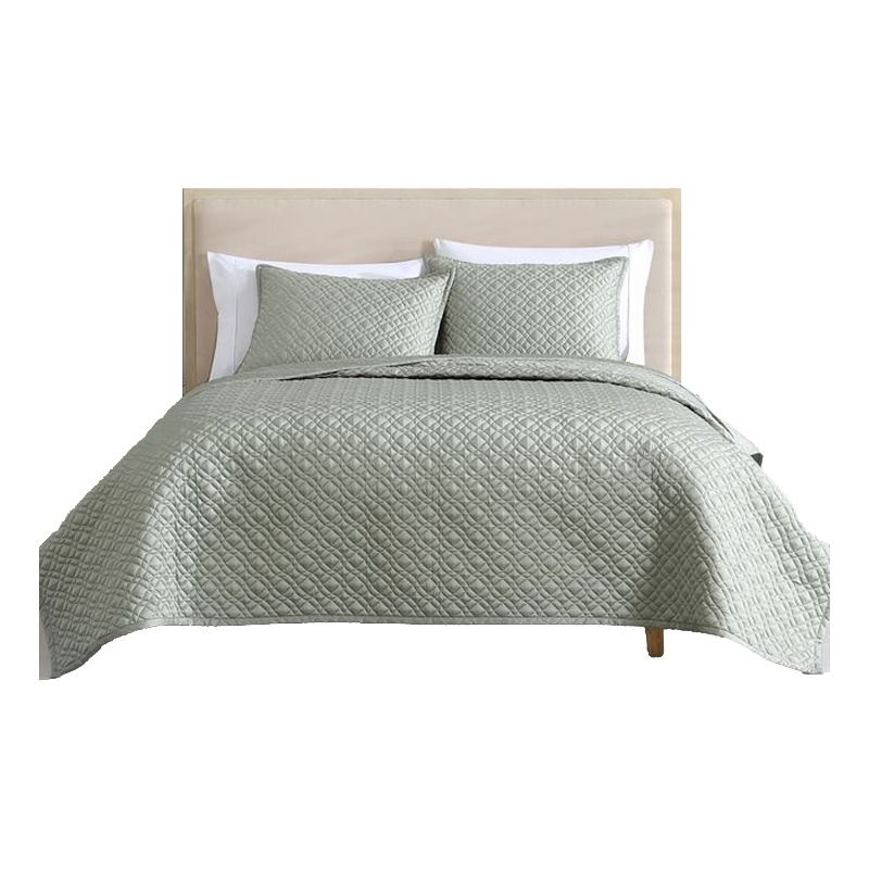 Benjara Keo 3pc King Coverlet Set- Reversible- Shams- Sage Gray Silky Fabric