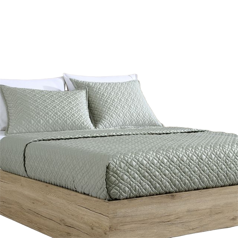 Benjara Keo 3pc Queen Coverlet Set- Reversible- Shams- Sage Gray Silky Fabric