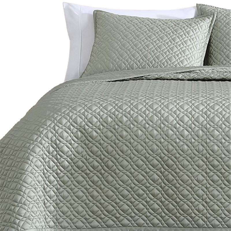 Benjara Keo 3pc Queen Coverlet Set- Reversible- Shams- Sage Gray Silky Fabric
