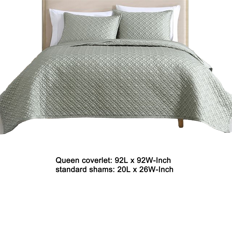 Benjara Keo 3pc Queen Coverlet Set- Reversible- Shams- Sage Gray Silky Fabric