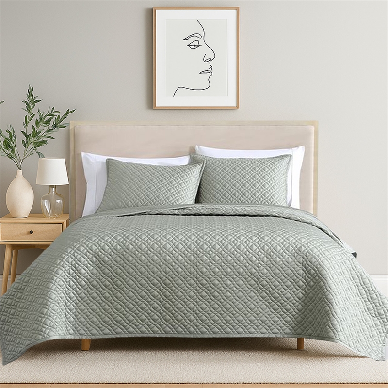 Benjara Keo 3pc Queen Coverlet Set- Reversible- Shams- Sage Gray Silky Fabric
