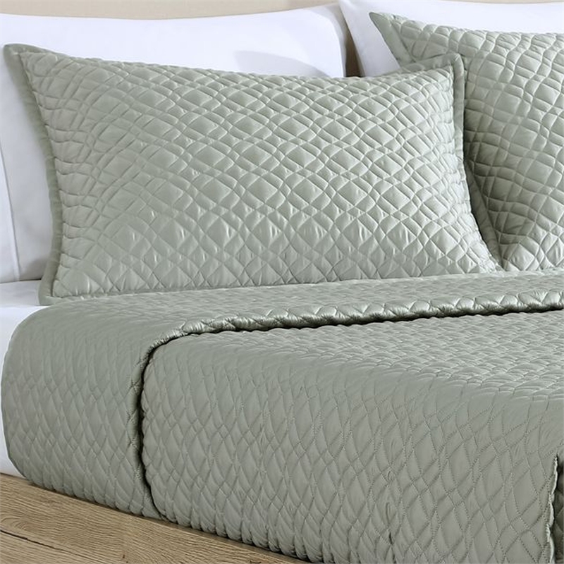 Benjara Keo 3pc Queen Coverlet Set- Reversible- Shams- Sage Gray Silky Fabric