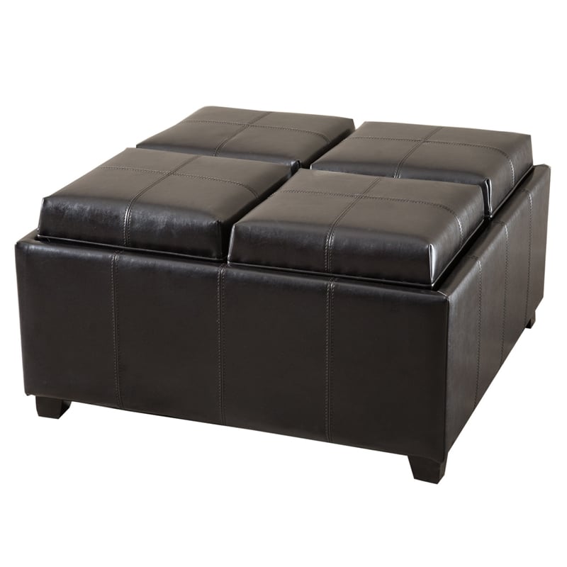 Benjara Storage Ottoman- Tufted Chocolate Brown Faux Leather- 35